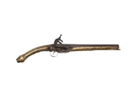 With a 24.5cm barrel tapering from octagonal to circular, with miquelet type flint lock action, the body overlaid in highly d