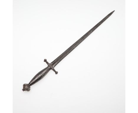 With a 34.5cm tapering pointed blade with partial deep central fuller and various impressed marks, with a narrow cross-piece 