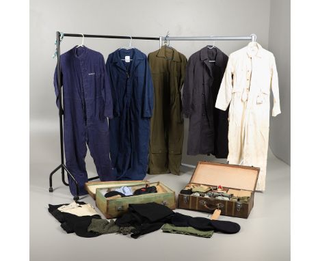 A varied collection of British uniform to include a selection of Post War Naval uniform and accessories in a suitcase, a simi