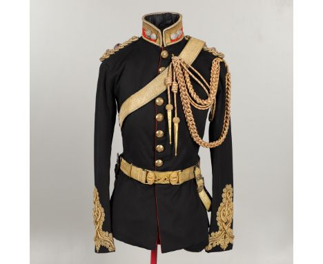 The black uniform with raised gilt lined red collar with flaming grenades to either side, the front with nine Queen's Crown R