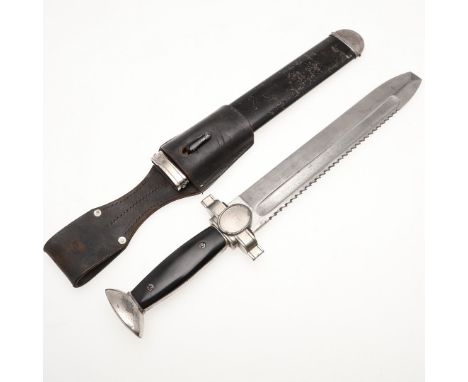 A fine enlisted man's red cross dagger with a 2.5cm flat-ended blade with sawback and deep fuller, stamped Ges Geschutz, the 