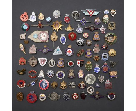 A large collection of pin badges to include examples relating to National Savings, Womens Institute, Merchant Navy, H.M.S. Se