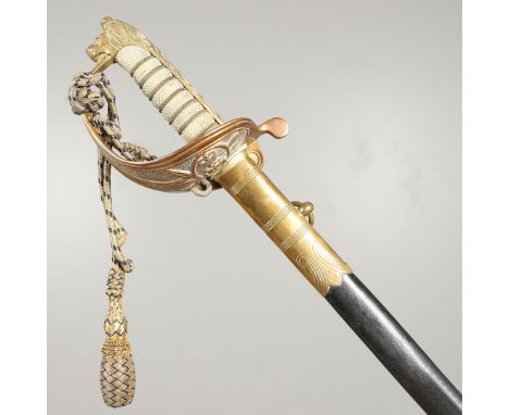 A naval officer's sword with a 79cm pointed and fullered blade, decorated with EIIR beneath a crown and fouled anchor, marked