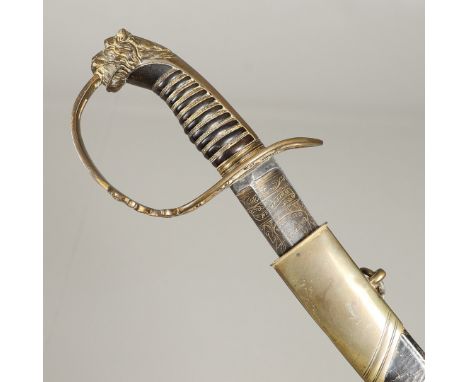 With a 75cm curved, pointed single edged blade with broad shallow fuller, decorated in gilt with military trophies, Royal coa