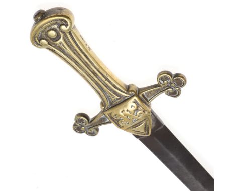 With a 45.5cm pointed double edged blade, marked with a double R mark, the gothic style hilt with VR monogramme to the center