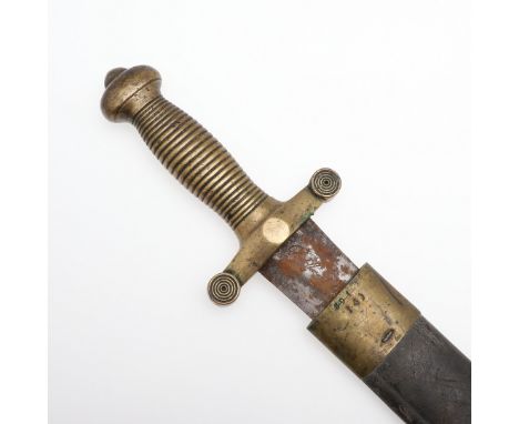 An Artilleryman's side arm with a 48.5cm pointed blade, indistinctly marked to both sides. With a brass grip with reeded grip