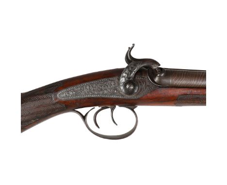 A fine French Double Barrel muzzle loading sporting gun with 73cm damascus barrels, the central rib signed Canon a Rubans, wi
