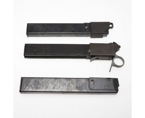 Three sten gun magazines, one marked MB1, another SA, with two different loading tools. *CR Appear to be in good order with l