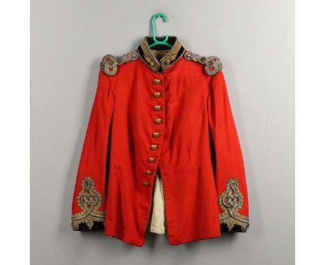 An early 20th Century Royal Engineers Scarlet tunic with elaborately braided cuffs and collar, the shoulders with interlaced 