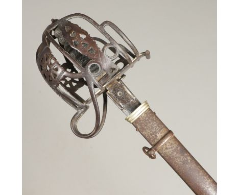 With an 83cm pointed blade with partial double fuller, marked to one side for the King's Own Borderers, to the other with cre