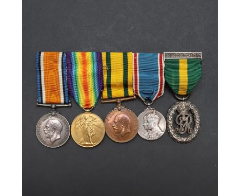 A Great War group of five comprising War Medal and Victory Medal named to Major T.V. Rebbeck, Territorial War Medal to Capt T