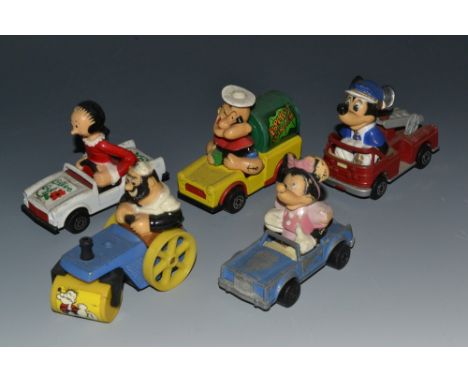 Matchbox - Walt Disney Characters, WD1A Mickey Mouse Fire Engine;  WD4A Minnie Mouse Lincoln;  CS13-A Popeye's Spinach Wagon;