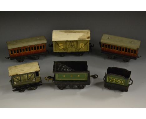 O Gauge - an early Bing tin plate brake van, grey, cream, white roof, No 60;  two passenger coaches;  Karl Bub 23450 tender, 