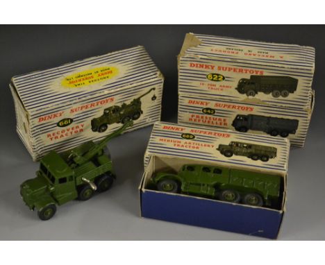 Dinky Supertoys - Military vehicles, 622 10 Ton Army wagon;  642 RAF Pressure Refueller;  661 Recovery Truck;  689 Medium Art