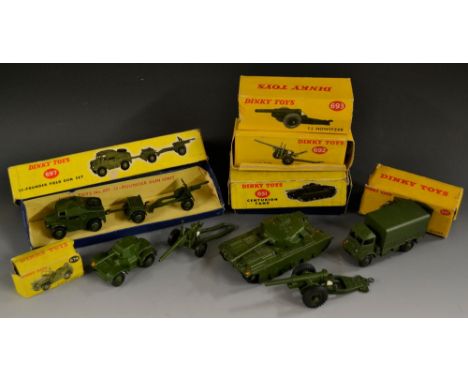 Dinky Supertoys - Military vehicles, 621 3-Ton Army Wagon, 651 Centurion Tank, 670 Armoured Car, 674 Austin Champ, 692 5.5 Me