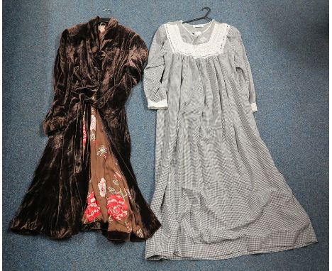 Vintage brown velvet dressing gown or house coat with silky floral lining and a vintage gingham nightgown with crochet detail