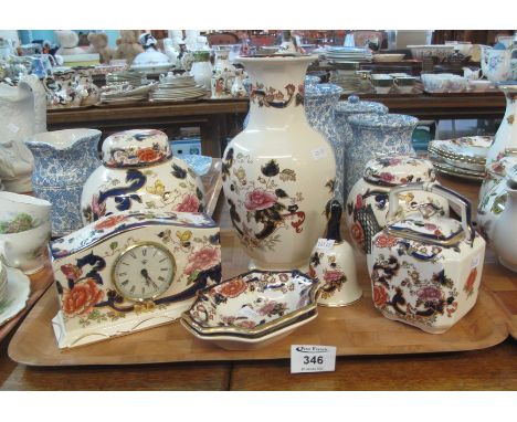 Tray of Mason's 'Blue Mandalay' and 'Mandalay' English porcelain items to include; miniature teapot, bell, mantel clock, trin