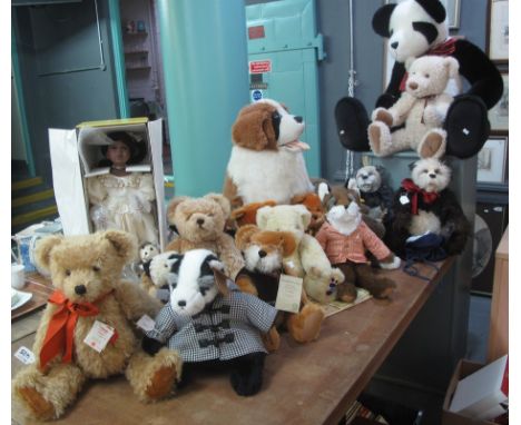 Collection of soft toys to include; Steiff hippopotamus, Hermann teddy and grandfather bear, large panda, some with certifica