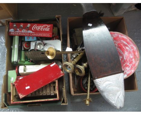 Two boxes of assorted items to include; a wooden fish platter, turned pedestal bowl, brass candlesticks, tinplate items inclu