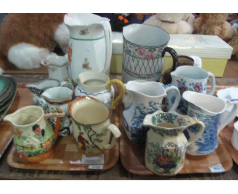 Two trays of assorted jugs, various, to include; Mason's Strathmore, Bourne Denby two pint relief hunting scene two tone jug,