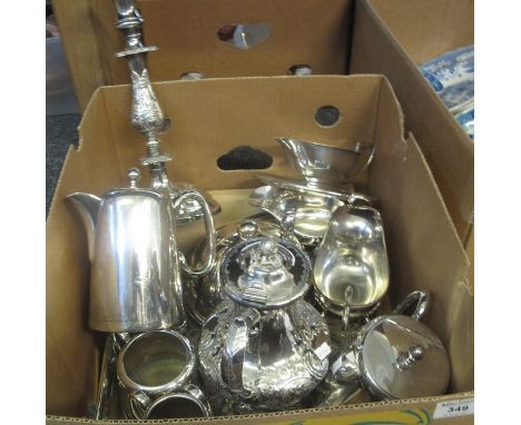 Box of assorted silver plate and white metal items to include; Viners of Sheffield coffee pot, teapot, gravy boat, sucrier et