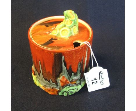Clarice Cliff Wilkinson Limited England 877 'My Garden Flame' preserve jar and cover. (B.P. 24% incl. VAT)  CONDITION REPORT: