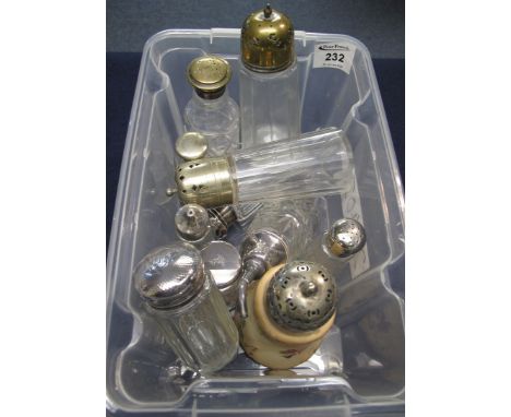 Collection of glass and ceramic casters, jars and bottles with plated and silver mounts. (B.P. 24% incl. VAT)