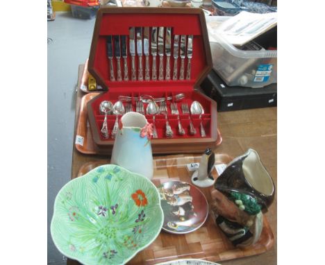 Wooden cased cutlery set, together with a tray of various ceramics to include; Royal Doulton Robin Hood character jug D6527, 