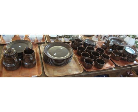 Four trays of Mid Century dark brown Wedgwood 'Pennine' design oven to tableware items to include; teacups and saucers, milk 