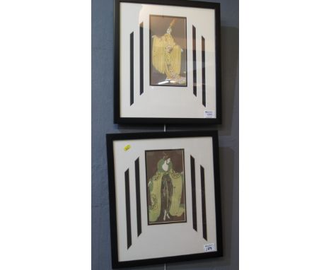 After Erte, a pair of decorative Art Deco design portrait prints with gilt highlights. Overall 40 x 34cm approx, framed. (2)(