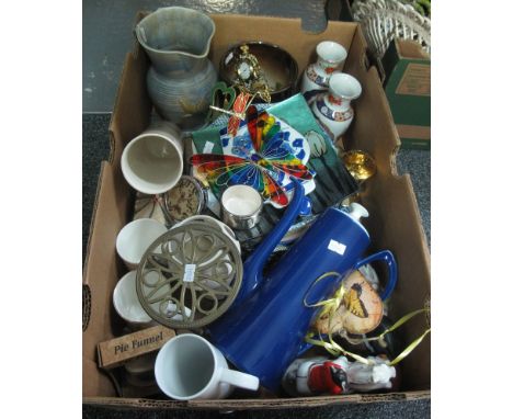 Box of miscellaneous items to include; oriental design baluster vases, blue coffee pot, small trivet stand, dragon design pou