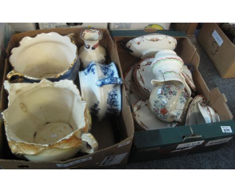 Two boxes of assorted china to include; floral design ceramic planters, Mason's ironstone 'Mandalay' vase, dresser jugs, Mert