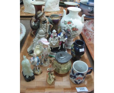 Tray of assorted china and porcelain etc to include; a Moorcroft art pottery tube lined floral vase of ovoid form (AF), pair 