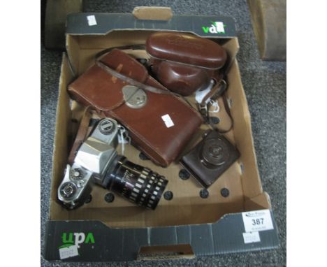 Box of vintage cameras to include; Asahi Pentax, small V.P Twin bakelite camera, leather cased Olympus Trip 35 and a leather 