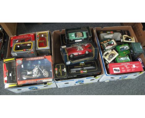 Three boxes of model diecast vehicles, varying scales to include; Burago, Cameo, Corgi etc, all in original boxes. (3)(B.P. 2