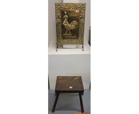 Rustic stool of rectangular form, together with a brass advertising fire screen 'Take Courage'. (2) (B.P. 24% incl. VAT)