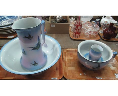 Bird design ceramic jug and basin set, together with a chamber pot, soap dish and vase. (2) (B.P. 24% incl. VAT)
