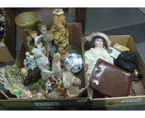 Two boxes of miscellaneous items to include; various figures, some ceramic, hardstone coasters and trinket box, candlestick, 