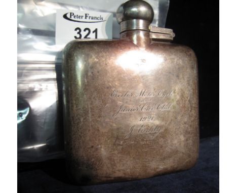 Silver square shaped presentation hip flask engraved: Exeter Motor Cycle and Junior Car Club, 1921, J. Eddy, Birmingham hallm