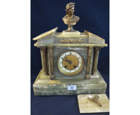 Late 19th/early 20th Century green onyx two train architectural mantel clock with Romanesque figure mount. (B.P. 24% incl. VA