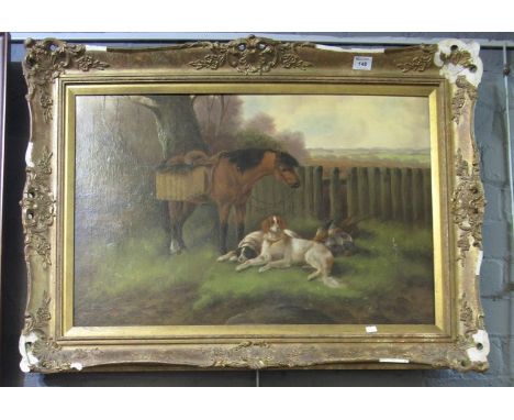 R Cleminson (19th Century British), sporting scene with game pony and spaniels in a landscape, signed, oils on canvas. 50 x 7