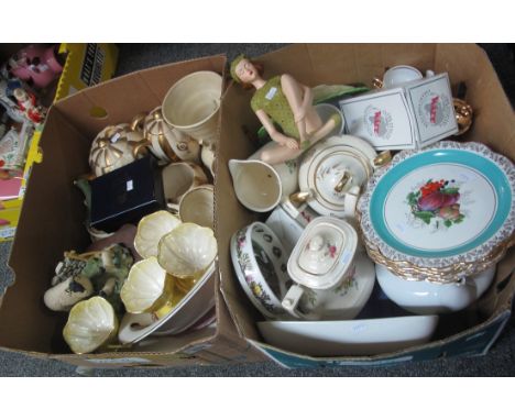 Two boxes of assorted china to include; Old Foley James Kent Ltd Staffordshire fruit design plates, boxed Wade Dick Wittingto