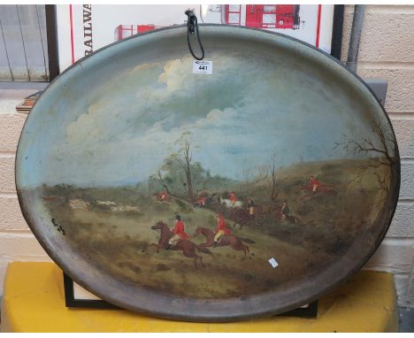 Japanned tin oval tray, the front with painted hunting scene decoration.(B.P. 24% incl. VAT)