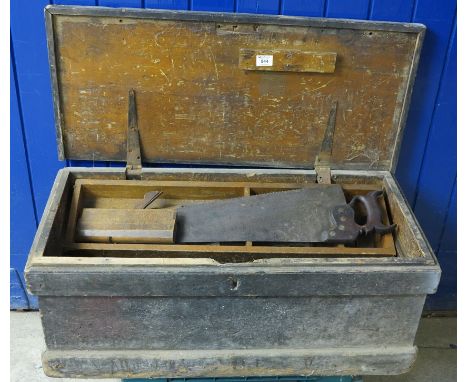 Early 20th Century pine carpenter's box containing assortment of vintage tools including; planes, saws etc. (B.P. 24% incl. V
