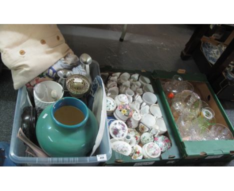 Three boxes of miscellaneous items to include; glass vases and bowls, commemorative mugs, collection of floral design miniatu