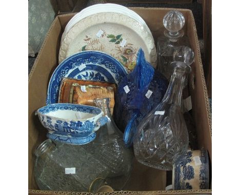 Box of miscellaneous items to include; E. Thomas & Williams miniature brass miner's lamp, glass decanters and stoppers, glass