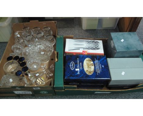 Two boxes of assorted glassware to include; brandy balloons, blue glass shot glasses, cut glass decanter and stopper, pedesta