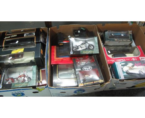 Three boxes of assorted diecast model vehicles, many motorbikes including; Road rider collection, Maisto vintage vehicles, Ja