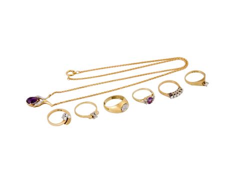   Schmuckkonvolut 7-teilig,   GG/WG 14K, 28,5 g, Händlerkonvolut bestehend aus 1 Collier 50 cm und 6 Ringen Weite 52-57, mit 