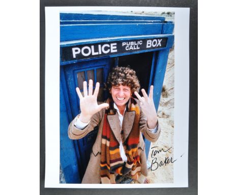 Doctor Who - Tom Baker (Seventh Doctor) - autographed 8x10" colour photograph of Baker outside the TARDIS. Signed neatly ink 